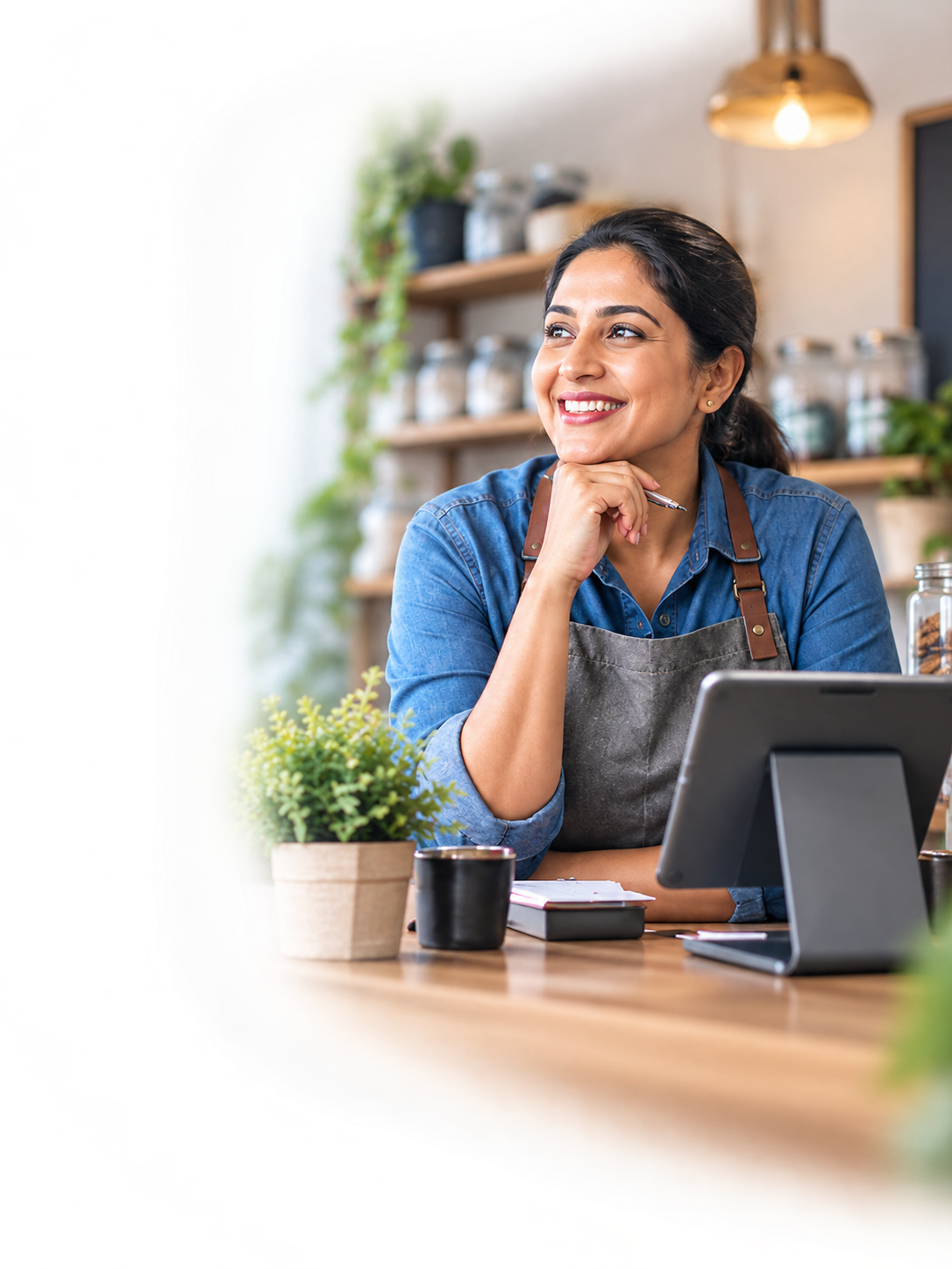 A Bizzux shop owner, smiling, with a POS tablet on her counter